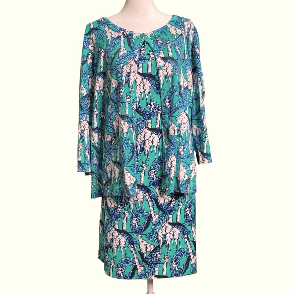 Talbots Giraffe Print Turquoise Navy White Shift Dress with Cardigan (Size 16P)‎